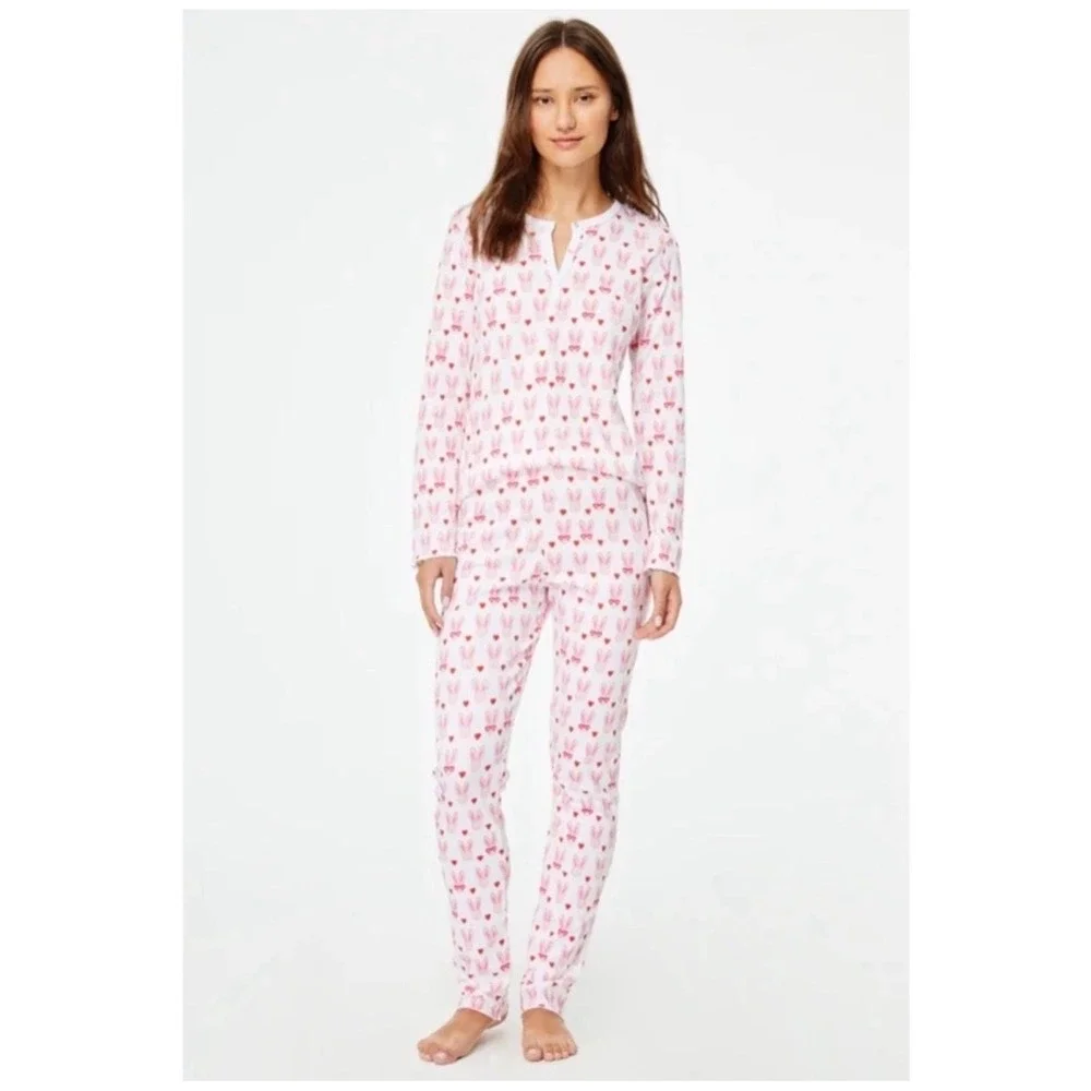 Roller Rabbit Lovestruck Bunny Heart Cotton Pajama Set XL Henley Top Pants - Picture 2 of 8